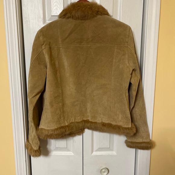 Wilsons Leather Pelle Studio Women’s Tan Leather Fur Trim Moto Bomber Jacket Lg - Picture 4 of 7